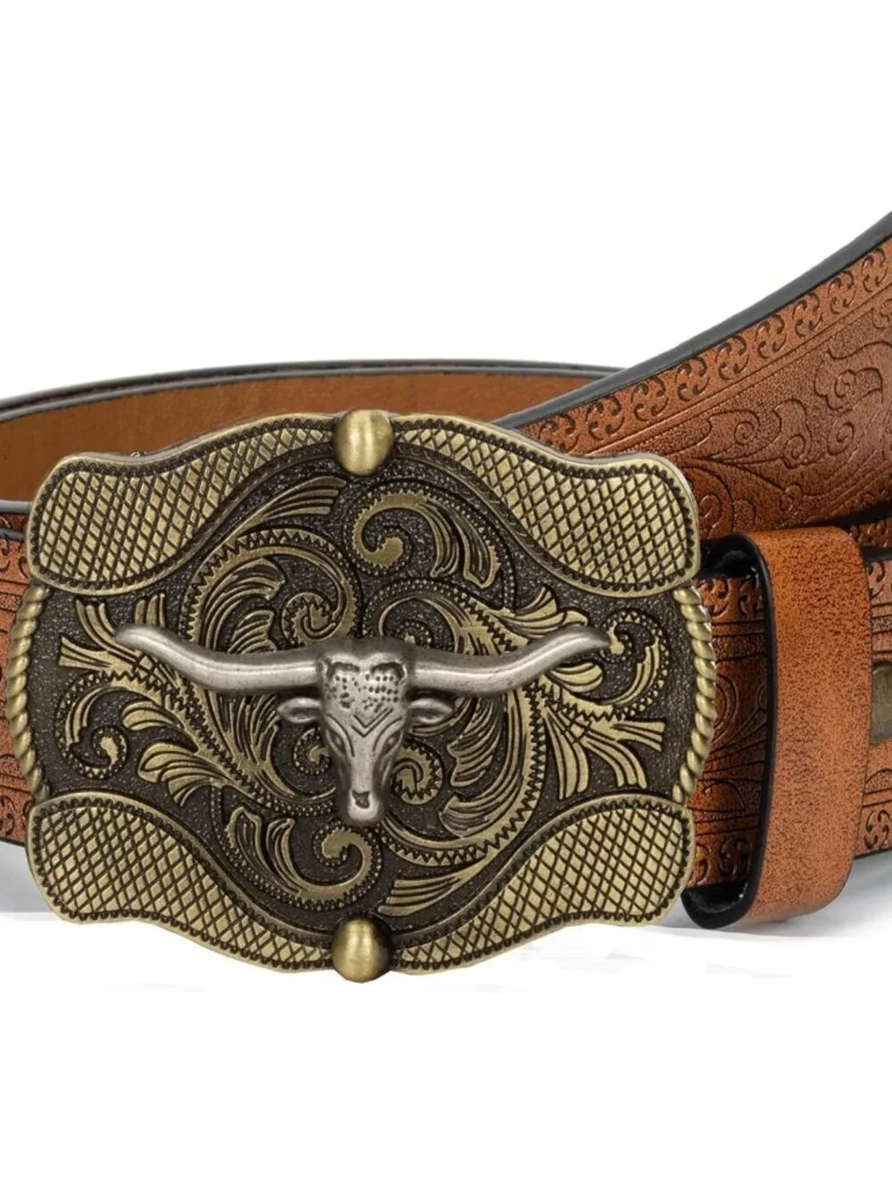Women's Brown 1 Western Pu Leather Longhorn Bull Turquoise Embossed Buckle Belt